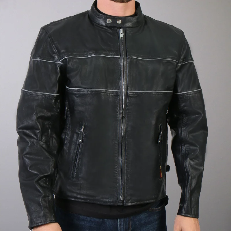 Hot Leathers JKM1004 Men's Leather Motorcycle Vented Scooter Biker Jacket with Reflective Piping