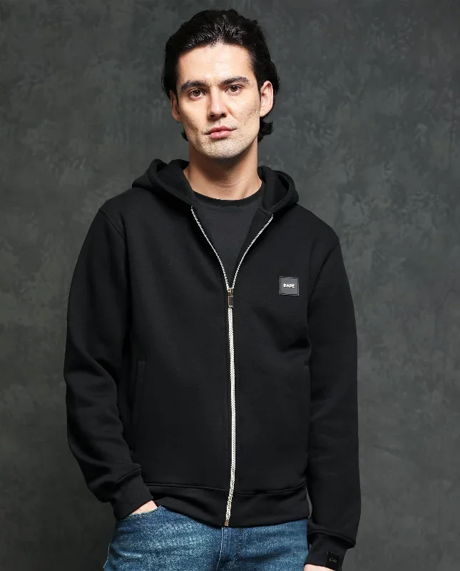 Rare Rabbit Mens Anderson Black Sweatshirt Cotton Polyester Fabric Hooded Neck Knitted Full Sleeves Zipper Closure Comfortable Fit