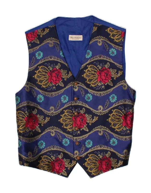 CARLO PIGNATELLI Mens Waistcoat IT 54 XL Navy Blue Floral Wool