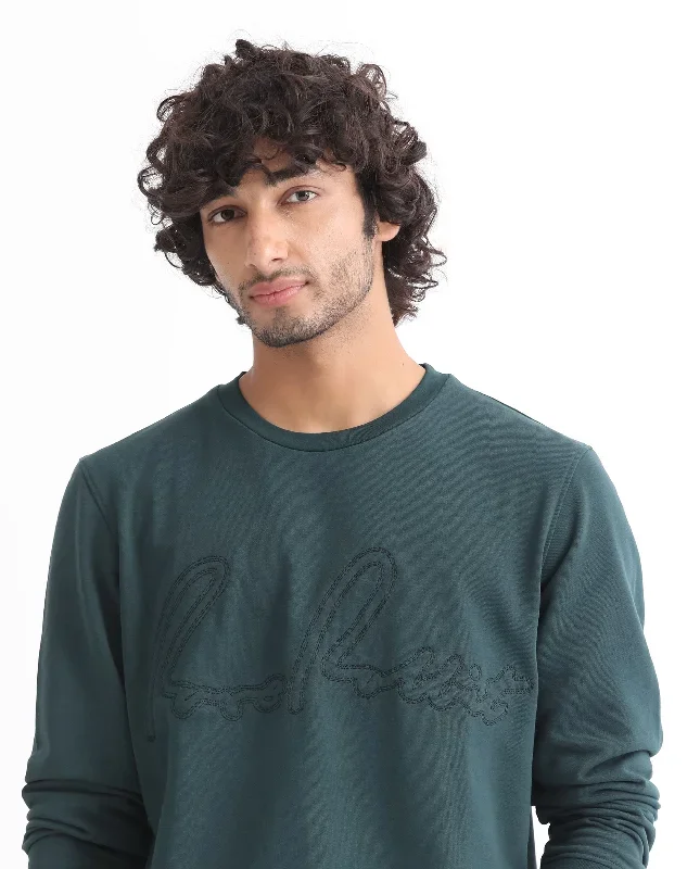 Rare Rabbit Men's Cerdo Dark Green Cotton Polyester Full Sleeves Embroidered Rare Signature Sweatshirt