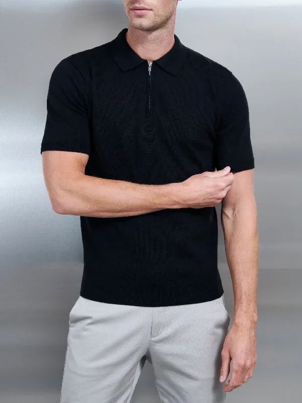 Cotton Knitted Zip Polo Shirt in Black