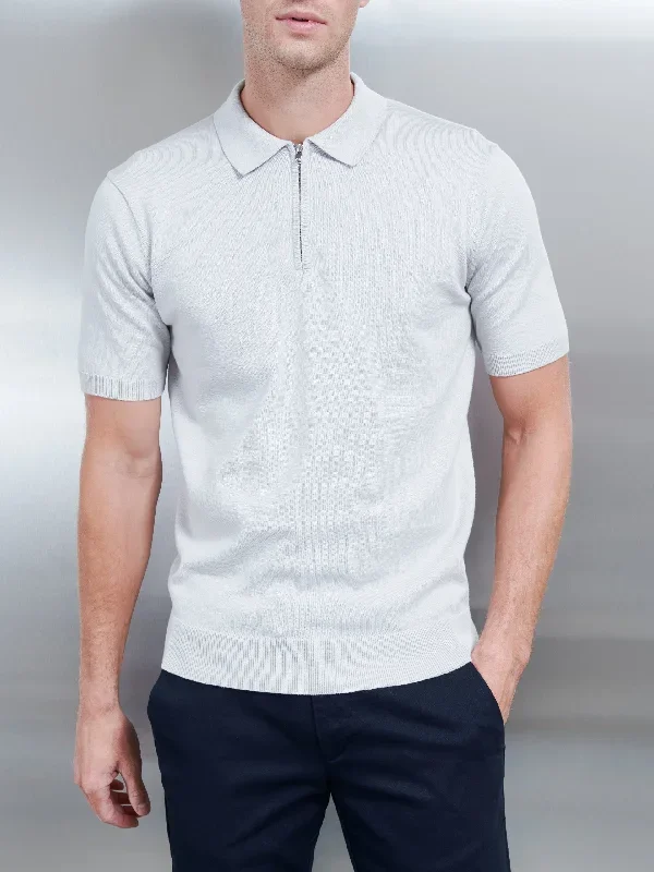 Cotton Knitted Zip Polo Shirt in Mid Grey