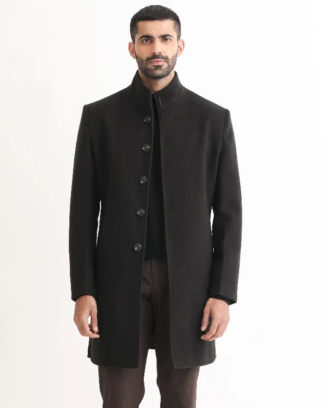 Rare Rabbit Men's Dune Black Textured High Neck Long Coat