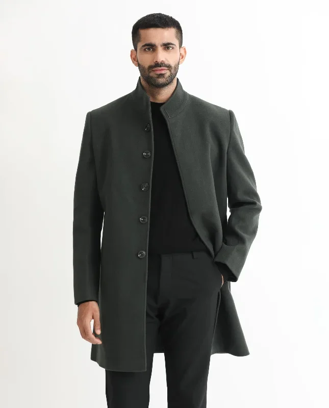 Rare Rabbit Men's Dune Green Textured High Neck Long Coat