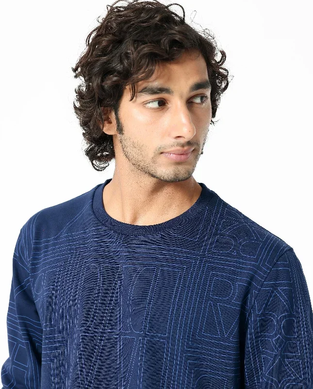 Rare Rabbit Men's Ensign Navy Cotton Polyester Fabric Full Sleeves Monogram Print Sweatshirt