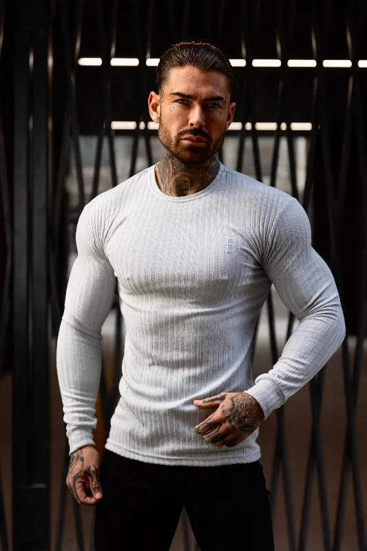 Father Sons Classic Light Grey Ribbed Knit Sweater With Tonal Embroidery - FSH948