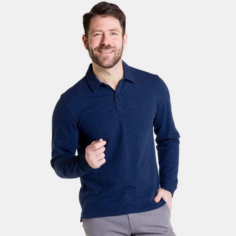 Heather Navy Pique Long Sleeve Polo