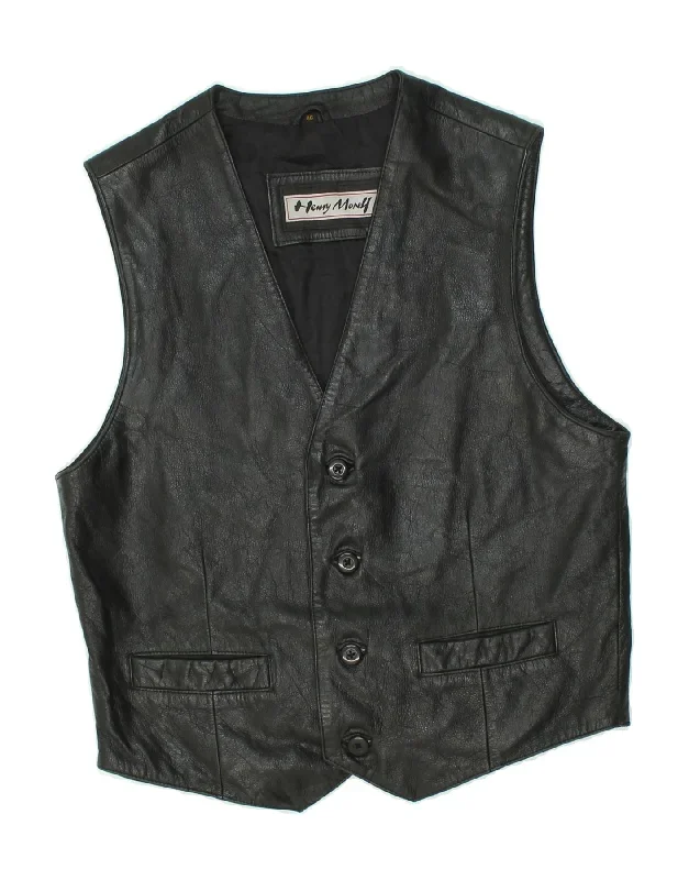 HENRY MORELL Mens Leather Waistcoat IT 46 Small Black Leather