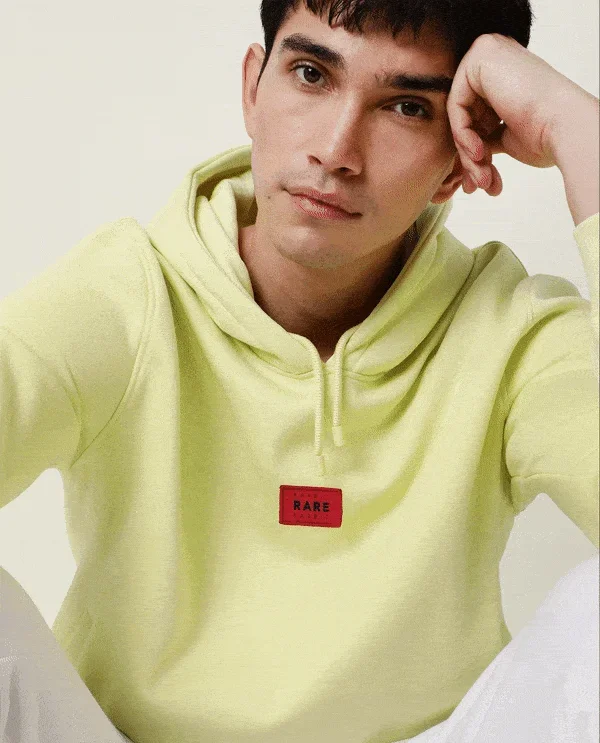 Rare Rabbit Men's Indo Light Yellow Cotton Polyester Fabric Full Sleeves Detachable Badge Hooded Sweatshirt