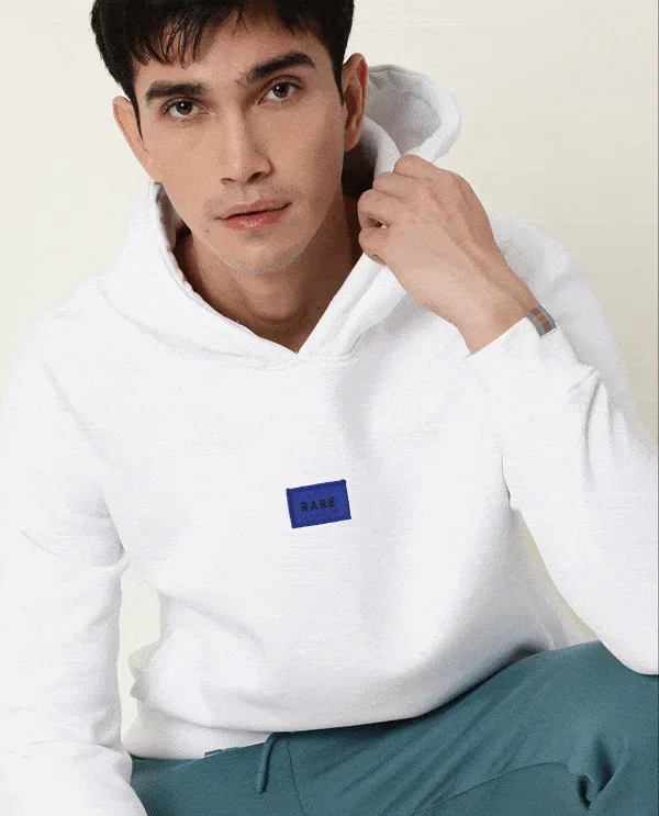 Rare Rabbit Men's Indo White Cotton Polyester Fabric Full Sleeves Detachable Badge Hooded Sweatshirt