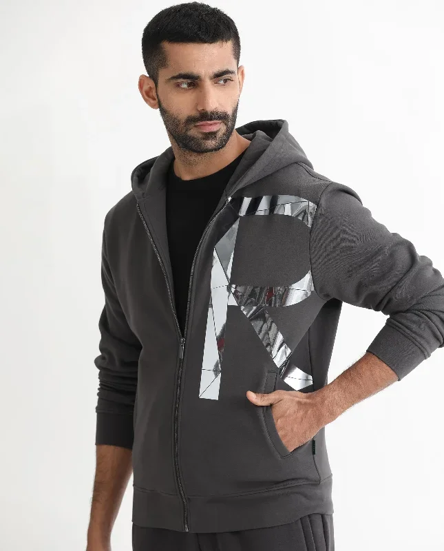 Rare Rabbit Men's Kaden Grey Cotton Polyester Fabric Full Sleeves Placement Foil Print Hooded Sweatshirt