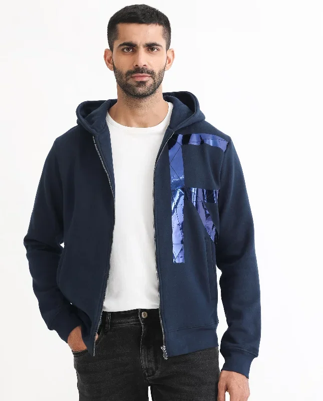 Rare Rabbit Men's Kaden Navy Cotton Polyester Fabric Full Sleeves Placement Foil Print Hooded Sweatshirt