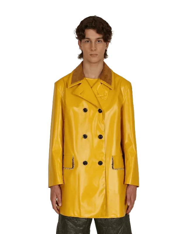 Coated Cotton Double Breasted Raincoat Yellow