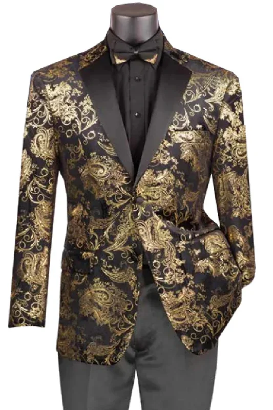 Mens Blazer - Cheap Priced Mens Sport Coat - Mens Paisley Velvet Foil Smoking Jacket Tuxedo In Gold