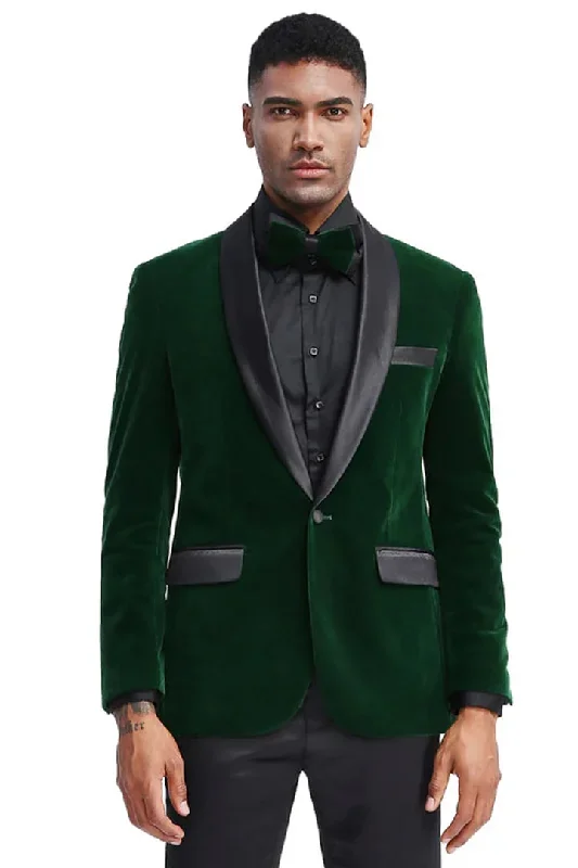 Mens Blazer - Cheap Priced Mens Sport Coat - Men's Slim Fit Shawl Lapel Velvet Wedding & Prom Tuxedo Jacket In Hunter Green