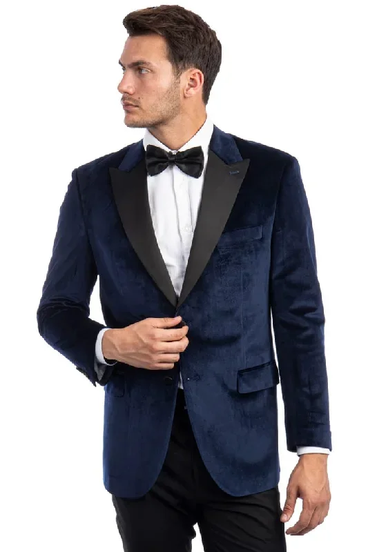 Mens Blazer - Cheap Priced Mens Sport Coat - Men's Two Button Peak Lapel Velvet Wedding & Prom Tuxedo Jacket In Navy Blue