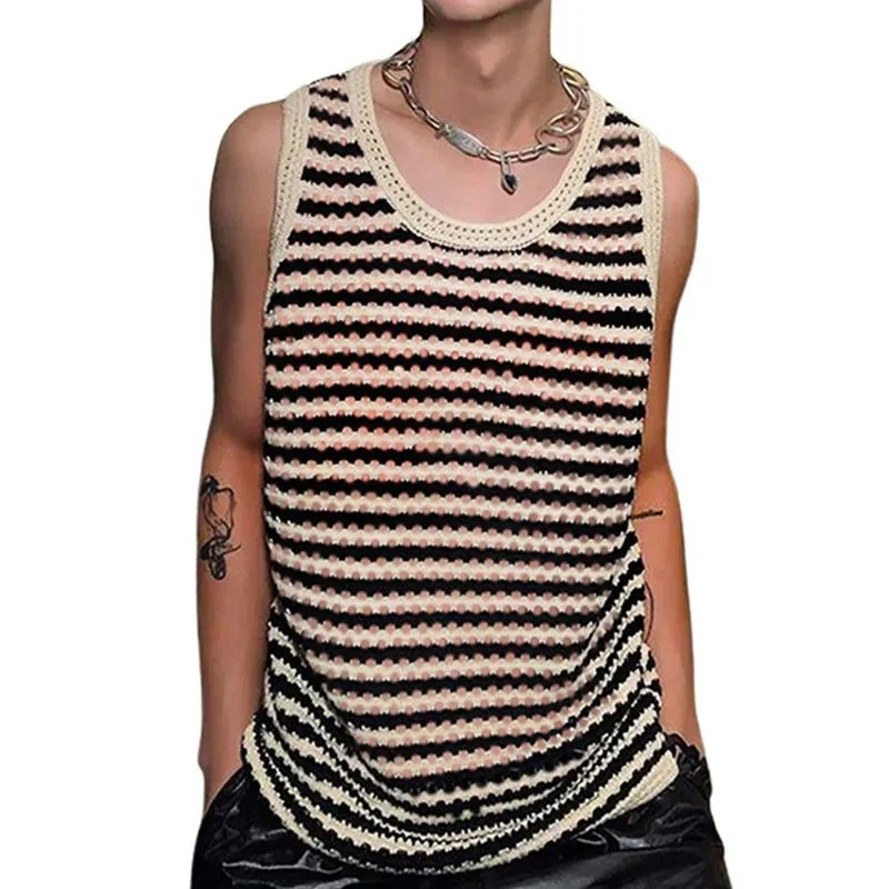 Men's Casual Loose Retro Striped Knitted Tank Tops 35851785X