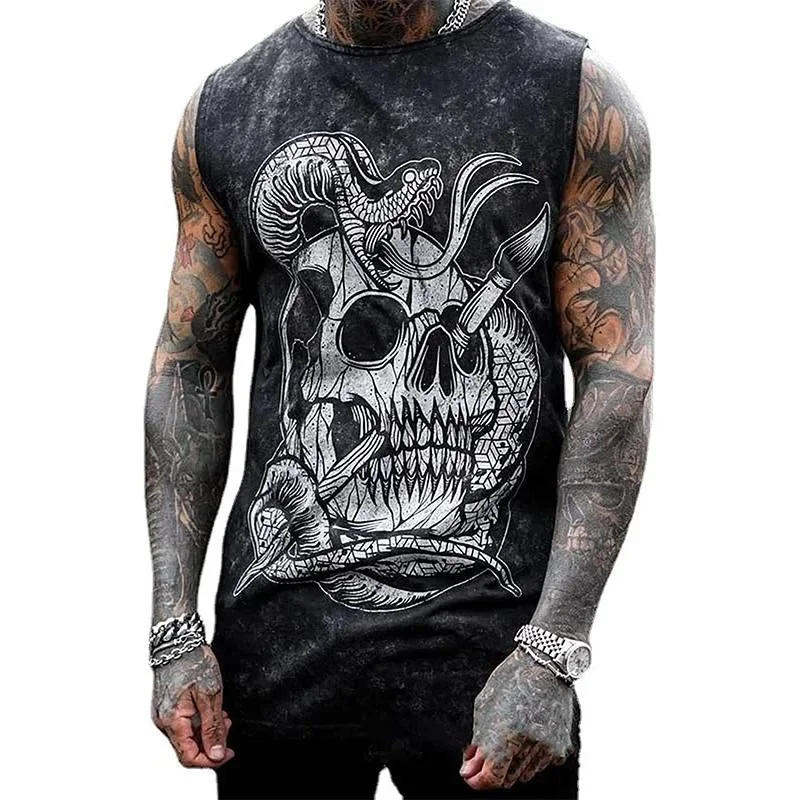 Men's Casual Round Neck Skull Print Loose Sleeveless Tank Top 99845376M