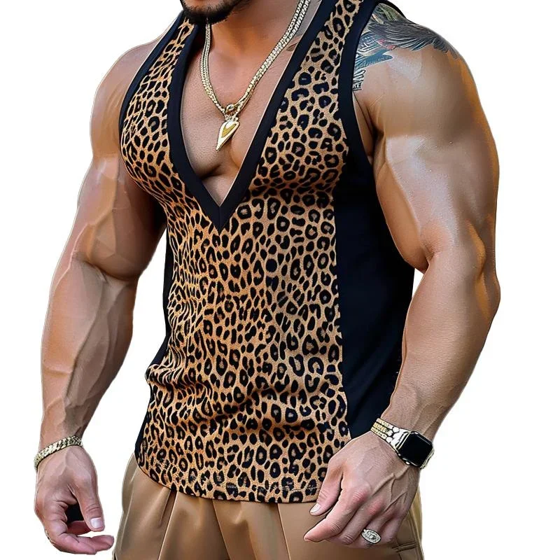 Men's Casual V-Neck Leopard Print Color Block Slim Fit Tank Top 92788541M