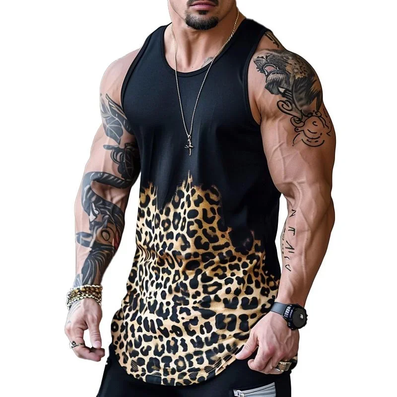 Men's Fashionable Round Neck Leopard Print Slim Fit Tank Top 82594687M