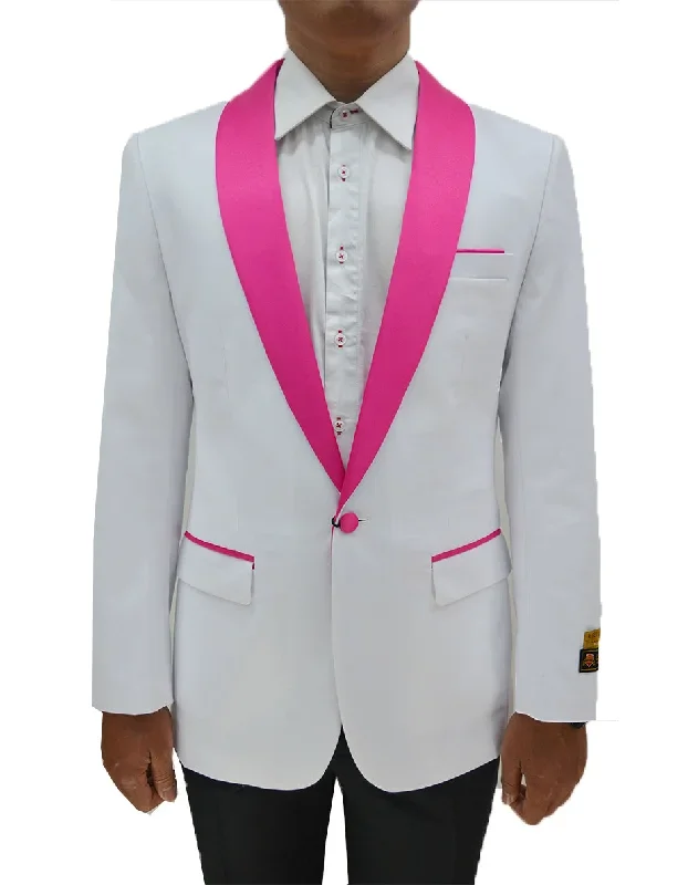 Mens One Button Contrast Shawl Collar Dinner Jacket White & Fuchsia