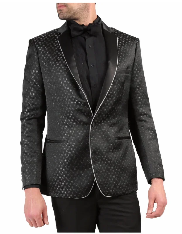 Mens One Button Star Print Tuxedo Dinner Jacket in Black