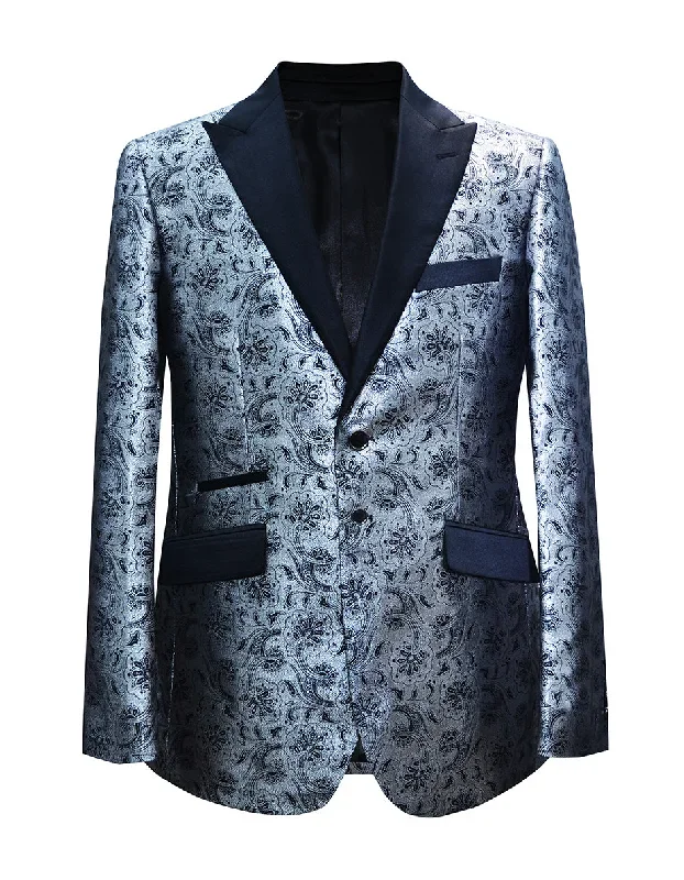 Mens Paisley Floral Tuxedo Jacket in Silver Grey & Black