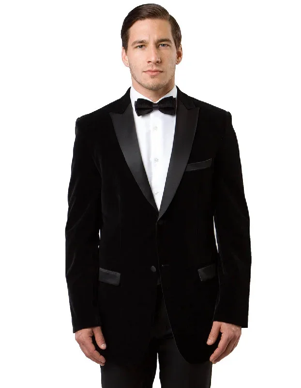 Mens Peak Lapel Velvet Tuxedo Jacket in Black