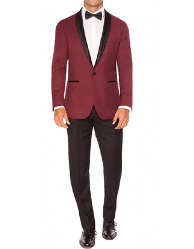 Mens Slim Fit 1 Button Shawl Dinner Jacket in Burgundy