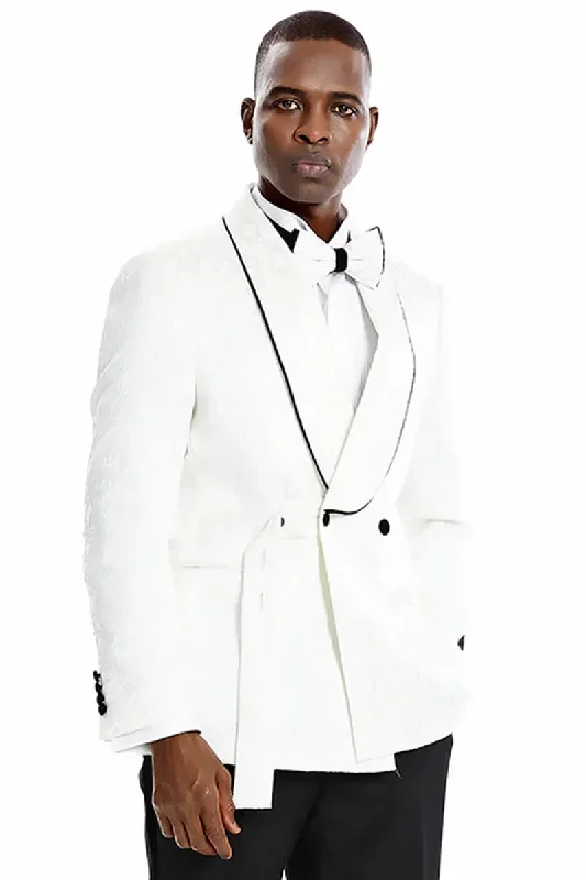 Men's Slim Fit Double Breasted Smoking Jacket Prom Wedding Tuxedo in White Paisley