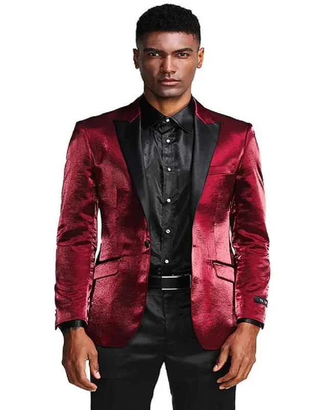 Men's Slim Fit Shiny Satin Prom & Wedding Tuxedo Jacket In Burgundy