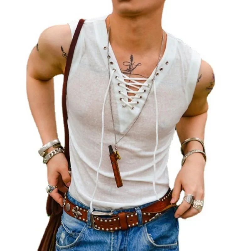 Men's Solid Slim Lace-up V Neck Sleeveless Tank Top 82973042Z