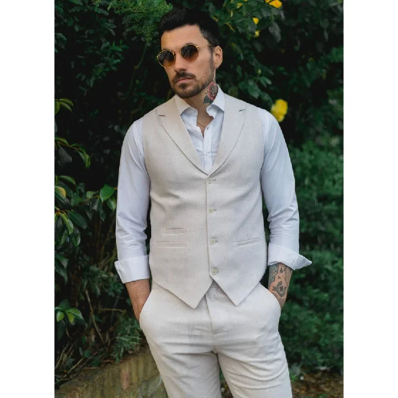 tp-10 - Men's Summer Suit Waistcoat Trousers Linen Formal Cream Beige Wedding