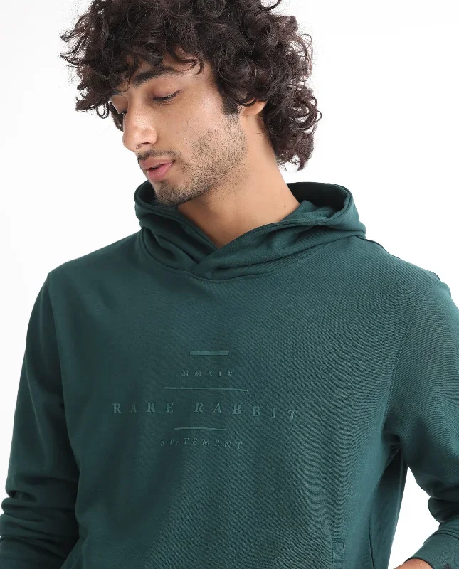 Rare Rabbit Mens Mile Dark Green Cotton Polyester Fabric Full Sleeves Graphic Printed Logo Hooded Sweatshirt