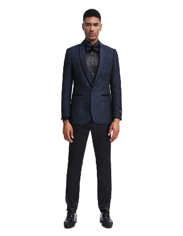 Mens Slim Fit Paisley Shawl Lapel Prom Dinner Jacket Tuxedo Blazer in Navy Blue