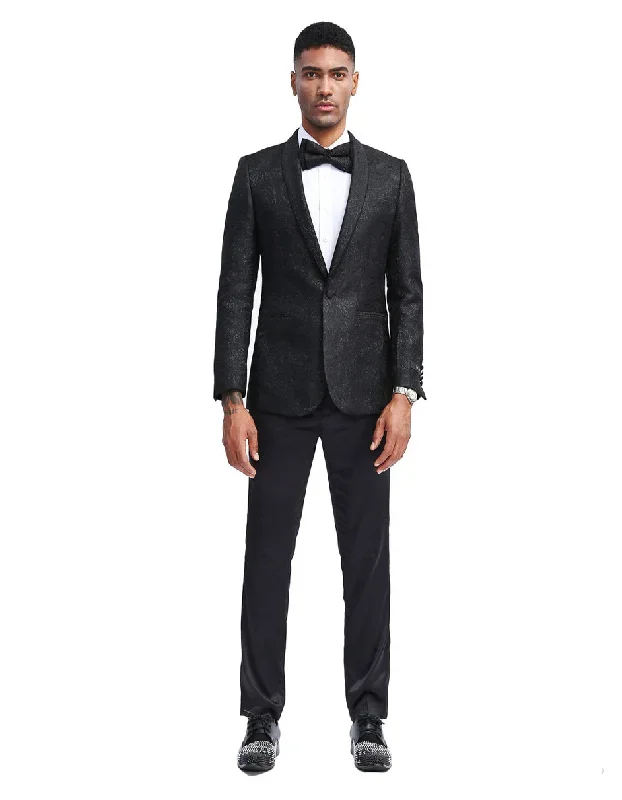 Mens Slim Fit Floral Print Prom Dinner Jacket Tuxedo in Black