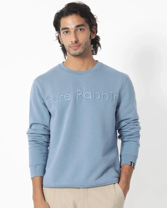 Rare Rabbit Men's Oranj Blue Cotton Polyester Fabric Full Sleeves Embroidery Branding Sweatshirt