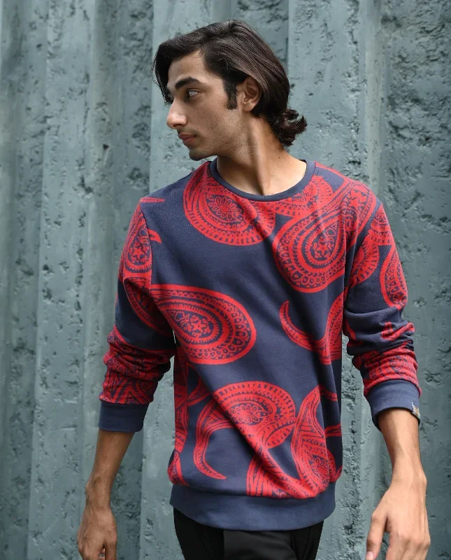 Rare Rabbit Men's Paiza Dusky Blue Cotton Polyester Fabric Full Sleeves Paisley Print Knitted Sweatshirt