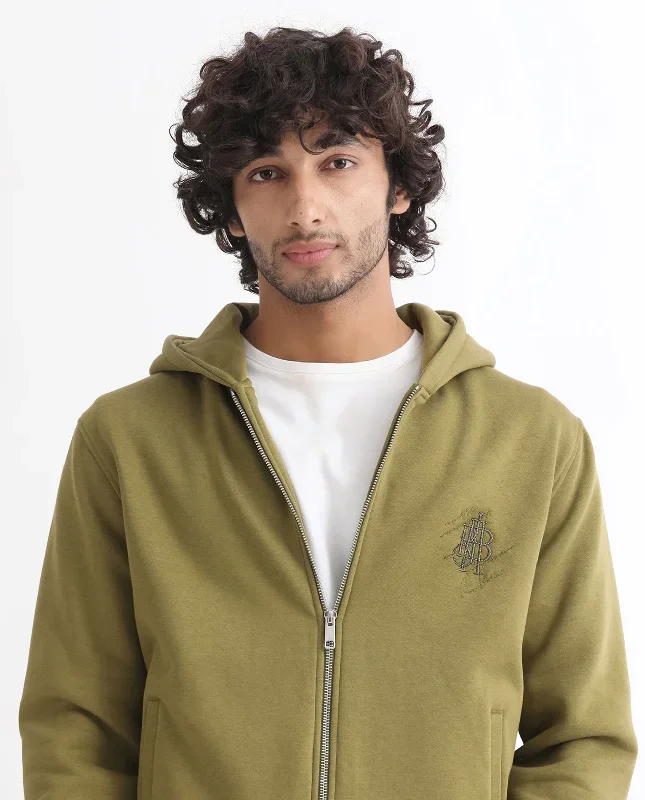 Rare Rabbit Men's Scribble Olive Cotton Polyester Fabric Full Sleeves Zip Closure Embroidery Logo Hooded Sweatshirt