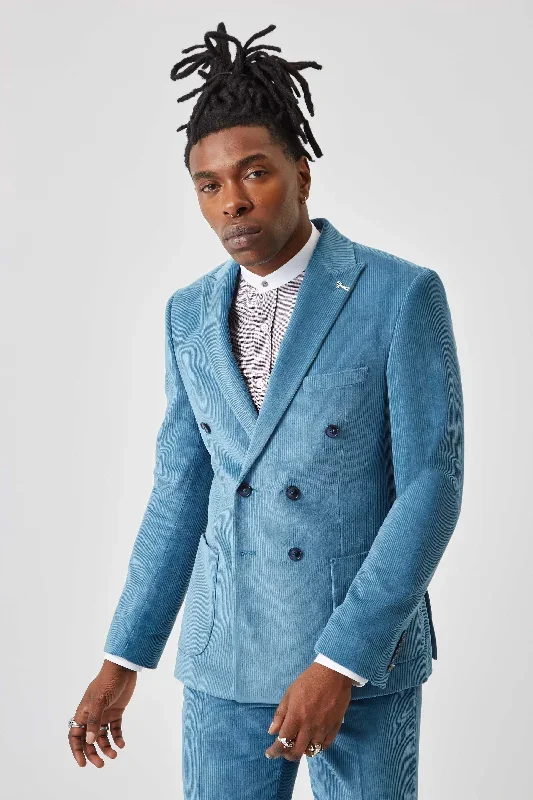 Aston Slim Fit Blue Corduroy Double Breasted Jacket