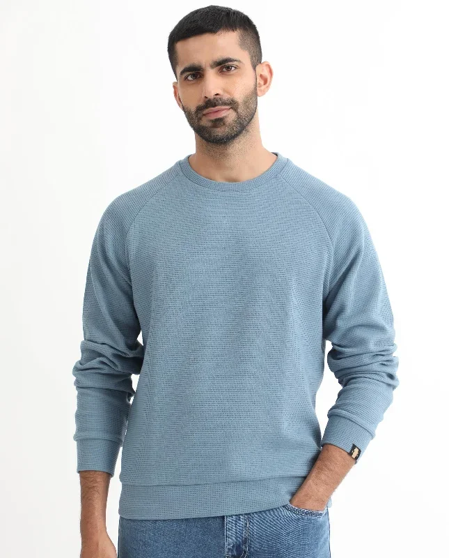 Rare Rabbit Mens Sven Teal Sweatshirt Cotton Polyester Fabric Round Neck Knitted Full Sleeves Comfortable Fit