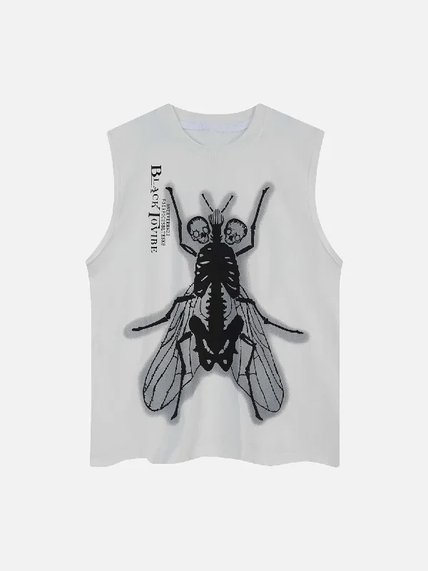 Dark Golden Cicada Skull Skeleton Letter Printed Vest Tank Top