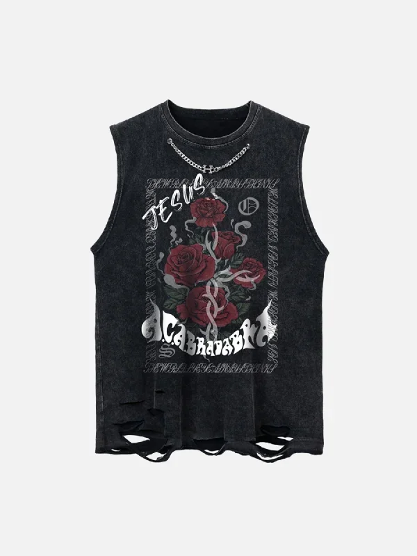 Thesupermade Metal Embellished Washed Distressed Rose Distressed Tank Top