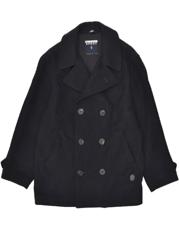 TRUSSARDI Mens Double Breasted Coat IT 50 Large Navy Blue Wool