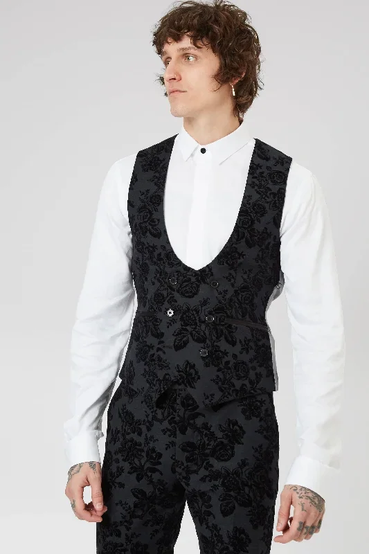 Fleet Skinny Fit Black Floral Tuxedo Waistcoat