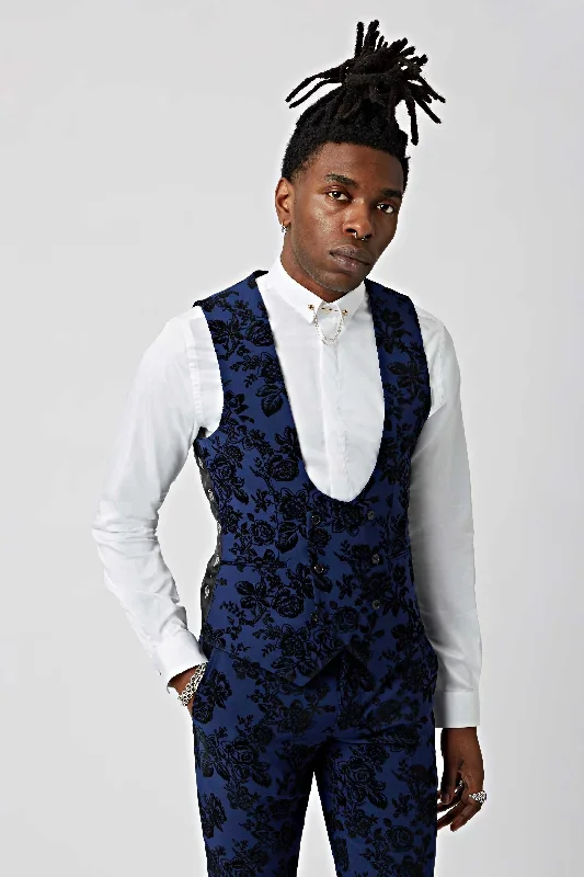 Jackalope Blue Waistcoat with Floral Flocking