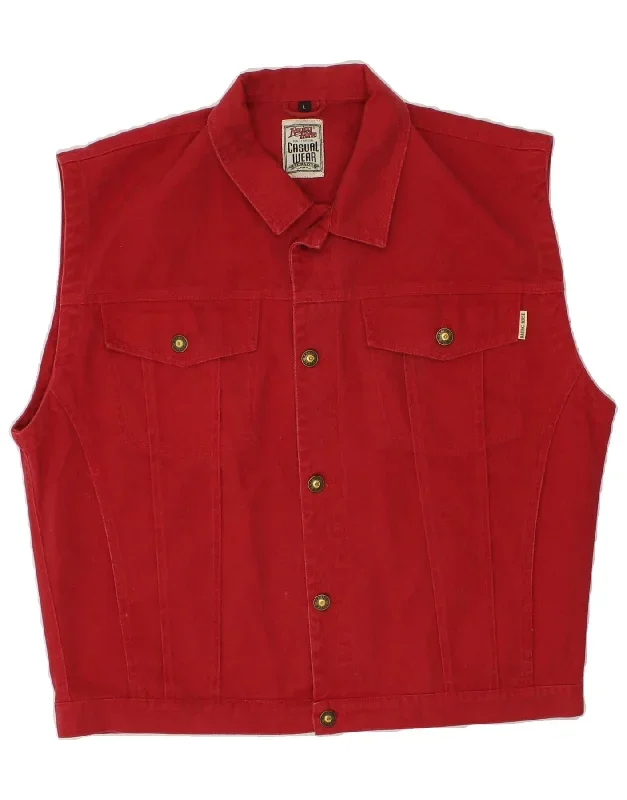 VINTAGE Mens Denim Gilet UK 40 Large Red Cotton