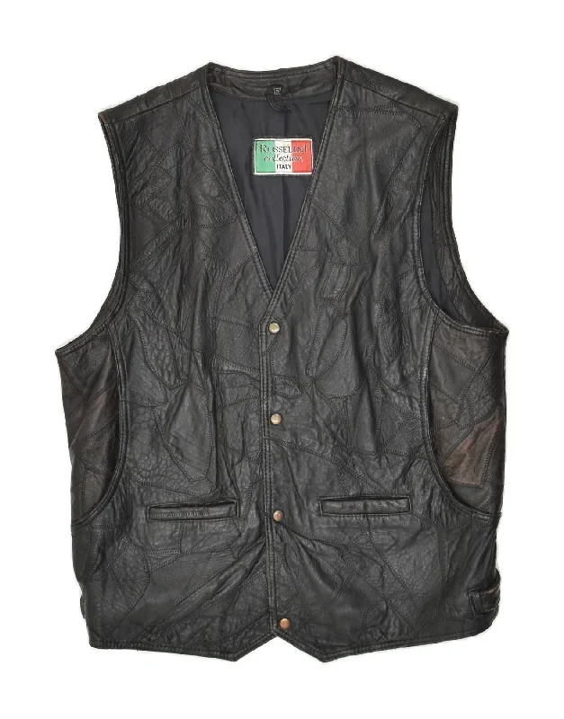 VINTAGE Mens Leather Gilet IT 58 4XL Black Leather