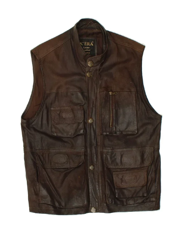 VINTAGE Mens Leather Gilet UK 36 Small Brown Leather