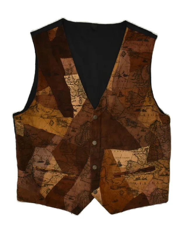 VINTAGE Mens Leather Graphic Waistcoat Medium Brown Colourblock Leather